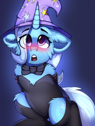 Size: 1700x2250 | Tagged: safe, artist:freak-side, derpibooru import, trixie, pony, unicorn, g4, blushing, bondage, bowtie, chest fluff, clothes, eye clipping through hair, eyebrows, eyebrows visible through hair, female, hat, hooves behind back, horn, leotard, looking up, mare, open mouth, rope, rope bondage, solo, solo female, stockings, thigh highs, trixie's hat