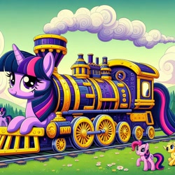 Size: 1024x1024 | Tagged: safe, ai content, derpibooru import, generator:bing image creator, generator:dall-e 3, machine learning generated, twilight sparkle, unicorn twilight, object pony, original species, pony, unicorn, g4, horn, inanimate tf, prompter:mysticsunrise87, train, train pony, trainified, transformation