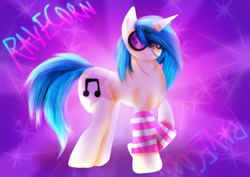 Size: 1754x1240 | Tagged: safe, artist:leeleek47896, derpibooru import, dj pon-3, vinyl scratch, pony, unicorn, g4, abstract background, arm warmers, chonk, clothes, concave belly, eyebrows, eyebrows visible through hair, female, glasses, horn, mare, raised hoof, raised leg, smiling, solo, sparkles, standing, sternocleidomastoid, text, vinyl's glasses