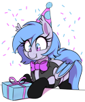 Size: 1000x1200 | Tagged: safe, artist:thebatfang, derpibooru import, oc, oc only, oc:lucky roll, bat pony, birthday, bowtie, clothes, confetti, cute, fangs, female, hat, mare, ocbetes, party hat, present, simple background, smiling, socks, solo, table, transparent background, vest