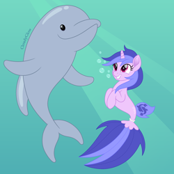 Size: 1600x1600 | Tagged: safe, artist:cloudy glow, derpibooru import, sea swirl, seafoam, dolphin, seapony (g4), unicorn, g4, bubble, dorsal fin, female, fin, fish tail, flowing mane, flowing tail, grin, happy, horn, jewelry, looking at each other, looking at someone, mare, necklace, ocean, pearl necklace, scales, seaponified, smiling, smiling at each other, solo, species swap, swimming, tail, teeth, underwater, water