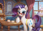 Size: 1280x920 | Tagged: safe, ai content, derpibooru import, generator:pony diffusion v6 xl, generator:stable diffusion, machine learning generated, rarity, pony, unicorn, butt, carousel boutique, coffee, coffee cup, cup, female, glasses, head turn, hooves, horn, indoors, looking at you, mare, measuring tape, plot, prompter:foxpony, rarity's glasses, rearity, side view, smiling, smiling at you, solo, table, window