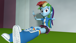 Size: 2048x1152 | Tagged: safe, artist:gaelgaming1, derpibooru import, rainbow dash, equestria girls, g4, 3d, arm behind head, arms, boots, breasts, bust, chillaxing, clothes, collar, female, fingers, hand, happy, knee-high boots, legs, long hair, peace sign, resting, shirt, shoes, short sleeves, sitting, skirt, smiling, socks, solo, source filmmaker, t-shirt, teenager, wristband