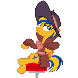 Size: 900x900 | Tagged: safe, artist:ry-bluepony1, derpibooru import, oc, oc:flare spark, pegasus, clothes, detective, detective rarity, fedora, female, hat, simple background, sitting, solo, white background