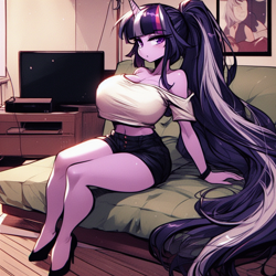 Size: 1024x1024 | Tagged: safe, ai content, derpibooru import, machine learning generated, twilight sparkle, anthro, unicorn, g4, adorasexy, bare shoulders, big breasts, breasts, clothes, curvy, cute, female, futon, headlight sparkle, high heels, horn, huge breasts, long hair, looking at you, midriff, no tail, ponytail, prompter:horselover fat, sexy, shoes, short shirt, shorts, shoulderless, sitting, solo, television, white shirt