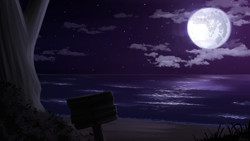 Size: 3840x2160 | Tagged: safe, artist:andelai, derpibooru import, beach, full moon, mare in the moon, moon, night, no pony, ocean, painting, sign, stars, tree, water