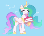 Size: 3000x2500 | Tagged: safe, artist:t72b, derpibooru import, princess celestia, alicorn, pony, g4, birthday, blue background, cake, cakelestia, candle, clothes, crown, cute, cutelestia, eyes closed, female, folded wings, food, happy birthday, heart, hoof hold, hoof shoes, horn, jewelry, light blue background, looking at you, mare, peytral, princess shoes, raised hoof, raised leg, regalia, shoes, simple background, smiling, smiling at you, solo, tail, text, wings