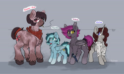 Size: 4222x2538 | Tagged: safe, artist:reddthebat, derpibooru import, oc, oc only, oc:alaska (reddthebat), oc:number nine, oc:selena (reddthebat), oc:violina (reddthebat), bat pony, earth pony, ghost, ghost pony, pegasus, pony, unicorn, bandana, bat pony oc, chest fluff, cigarette, eyebrows, eyebrows visible through hair, fangs, female, freckles, gray background, hair over one eye, height difference, high res, horn, knife, looking at you, looking up, mare, open mouth, open smile, simple background, smiling, smiling at you, smoking, tongue, tongue out, unshorn fetlocks