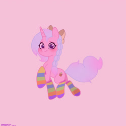 Size: 2480x2480 | Tagged: safe, artist:starburstuwu, derpibooru import, oc, oc only, pony, unicorn, blushing, bow, clothes, female, hair bow, high res, horn, looking at you, mare, pink background, rainbow socks, simple background, smiling, smiling at you, socks, solo, striped socks