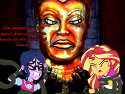 Size: 2160x1620 | Tagged: safe, artist:iamscar2017, derpibooru import, sunset shimmer, twilight sparkle, human, equestria girls, g4, black vine, bondage, captured, disneyland, indiana jones, indiana jones adventure, mara, straining, struggling, temple of the forbidden eye, tied up, vine, watermark