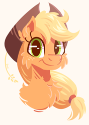 Size: 1050x1485 | Tagged: safe, artist:candy meow, derpibooru import, applejack, earth pony, pony, applejack's hat, bust, cheek fluff, chest fluff, clothes, cowboy hat, ear fluff, ears, female, food, hat, lineless, looking at you, mare, simple background, smiling, solo, wheat