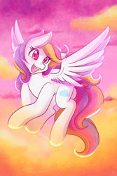 Size: 1365x2048 | Tagged: safe, artist:mscolorsplash, derpibooru import, oc, oc only, pegasus, pony, cloud, female, flying, mare, open mouth, open smile, smiling, solo, spread wings, sunset, wings