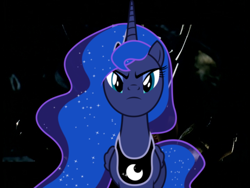 Size: 720x540 | Tagged: safe, derpibooru import, princess luna, alicorn, pony, ethereal mane, ethereal tail, female, folded wings, front view, long mane, looking at you, luna is not amused, mare, peytral, solo, tail, unamused, wings