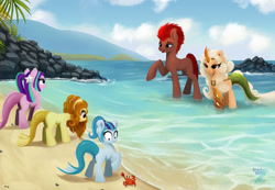 Size: 2340x1620 | Tagged: safe, artist:darksly, derpibooru import, adagio dazzle, aria blaze, sonata dusk, oc, crab, earth pony, pony, beach, elden ring, equestria girls ponified, female, leonard (elden ring), male, mare, ocean, ponified, species swap, stallion, the dazzlings, water