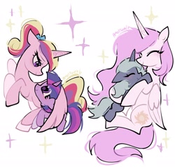 Size: 2048x1947 | Tagged: safe, artist:petaltwinkle, derpibooru import, princess cadance, princess celestia, princess luna, twilight sparkle, unicorn twilight, alicorn, pony, unicorn, g4, blue coat, blue mane, blue tail, blushing, bow, cute, daaaaaaaaaaaw, duo focus, eye clipping through hair, eyes closed, female, filly, filly twilight sparkle, foal, folded wings, group, hair bow, horn, hug, lidded eyes, long horn, long mane, long tail, looking at each other, looking at someone, looking down, looking up, lunabetes, mare, missing accessory, multicolored mane, multicolored tail, pink coat, pink mane, pink tail, pink-mane celestia, ponytail, profile, purple coat, purple eyes, quartet, raised hoof, raised leg, rearing, royal sisters, s1 luna, sibling love, siblings, signature, simple background, sisterly love, sisters, smiling, smiling at each other, sparkles, starry eyes, tail, tied mane, twiabetes, unicorn horn, white background, white coat, wing shelter, wingding eyes, wings, woona, young celestia, younger