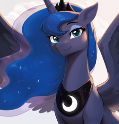 Size: 2412x2500 | Tagged: safe, artist:sierraex, derpibooru import, princess luna, alicorn, pony, g4, bust, female, high res, looking at you, mare, smiling, solo, spread wings, wings