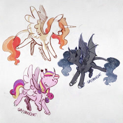 Size: 2048x2048 | Tagged: safe, artist:shyhandart, derpibooru import, princess cadance, princess celestia, princess luna, alicorn, bat pony, bat pony alicorn, pony, alternate hair color, bat ponified, bat wings, cheek fluff, chest fluff, cloven hooves, female, high res, horn, leonine tail, lunabat, mare, race swap, signature, smiling, spread wings, tail, trio, wings