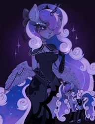 Size: 1580x2048 | Tagged: safe, artist:plushvamp, derpibooru import, princess luna, alicorn, anthro, unicorn, g4, abstract background, alternate hairstyle, bow, breasts, capelet, cleavage, clothes, dress, ear piercing, female, hair bow, hair over one eye, horn, horn jewelry, jewelry, leg warmers, looking at you, looking back, looking back at you, mare, necklace, nose piercing, piercing, race swap, regalia, self paradox, self ponidox, solo, unicorn luna, wing jewelry, wings