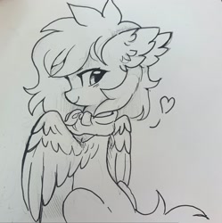 Size: 2036x2048 | Tagged: safe, artist:lerkfruitbat, derpibooru import, oc, oc only, pegasus, pony, black and white, clothes, female, grayscale, heart, looking back, mare, monochrome, scarf, simple background, sketch, solo, traditional art, white background