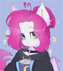 Size: 1170x1331 | Tagged: safe, artist:lerkfruitbat, derpibooru import, oc, oc only, bat pony, pony, abstract background, chest fluff, choker, clothes, drink, ear fluff, ear piercing, ear tufts, earring, ears, eye clipping through hair, eyebrows, eyebrows visible through hair, female, hoodie, jewelry, mare, piercing, solo