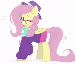 Size: 1977x1670 | Tagged: safe, artist:lerkfruitbat, derpibooru import, fluttershy, pegasus, pony, g4, alternate hairstyle, clothes, female, glasses, hat, hipstershy, mare, one eye closed, redraw, scarf, simple background, solo, white background, wink