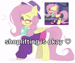 Size: 1977x1670 | Tagged: safe, artist:lerkfruitbat, derpibooru import, fluttershy, pegasus, pony, fake it 'til you make it, alternate hairstyle, clothes, ear fluff, ears, female, glasses, hat, hipstershy, mare, meme, redraw, scarf, screencap reference, shoplifting, simple background, solo, white background