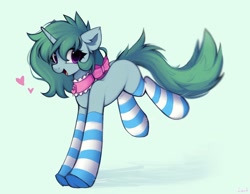 Size: 2048x1587 | Tagged: safe, artist:lerkfruitbat, derpibooru import, oc, oc only, oc:kazumi, pony, unicorn, bow, choker, clothes, ear fluff, ears, female, green background, hair bow, heart, horn, mare, simple background, socks, solo, striped socks