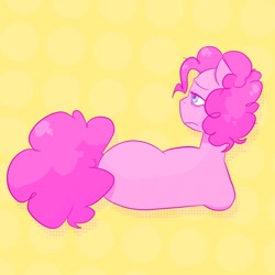 Size: 2048x2048 | Tagged: safe, artist:melodymelanchol, derpibooru import, pinkie pie, earth pony, pony, g4, female, lying down, mare, on side, sad, screentone, simple background, solo, yellow background