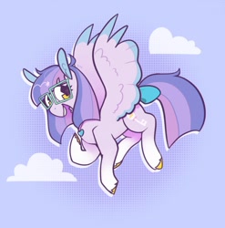 Size: 1080x1094 | Tagged: safe, artist:melodymelanchol, derpibooru import, oc, oc only, pegasus, pony, abstract background, bow, female, flying, glasses, jewelry, mare, necklace, screentone, solo, tail, tail bow, unshorn fetlocks