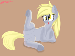 Size: 2000x1500 | Tagged: safe, artist:bazza, derpibooru import, derpy hooves, pegasus, pony, g4, brown background, featureless crotch, lying down, on side, paint tool sai, signature, simple background, simple shading, solo, spread legs, spreading, underhoof, wall eyed