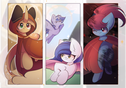 Size: 2880x2000 | Tagged: safe, artist:miryelis, derpibooru import, oc, oc only, oc:brave boi, oc:rainven wep, earth pony, pegasus, pony, unicorn, big ears, cape, clothes, crossover, ears, flying, full body, horn, journey, long hair, smiling