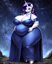 Size: 832x1024 | Tagged: safe, ai content, derpibooru exclusive, derpibooru import, generator:stable diffusion, machine learning generated, rarity, anthro, unguligrade anthro, unicorn, g4, big breasts, breasts, cleavage, clothes, dress, eyeshadow, fat, horn, huge breasts, jewelry, long skirt, makeup, necklace, night, obese, prompter:professordoctorc, raritubby, skirt, wide hips