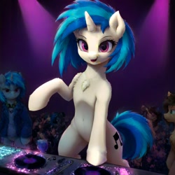 Size: 1024x1024 | Tagged: safe, ai content, derpibooru import, machine learning generated, dj pon-3, vinyl scratch, semi-anthro, unicorn, belly, belly button, bipedal, chest fluff, clothes, club, collarbone, duality, featureless crotch, female, horn, humanoid torso, jacket, mare, prompter:vtaviscratch, rave, ribcage, standing, sternocleidomastoid, turntable
