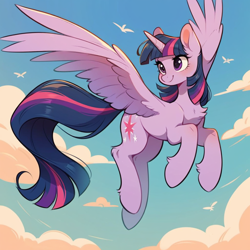 Size: 1024x1024 | Tagged: safe, ai content, derpibooru import, generator:pony diffusion v6 xl, generator:stable diffusion, machine learning generated, twilight sparkle, twilight sparkle (alicorn), alicorn, pony, cute, fluffy, flying, long tail, prompter:doom9454, tail, wings
