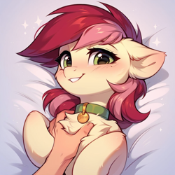 Size: 1024x1024 | Tagged: safe, ai content, derpibooru import, generator:pony diffusion v6 xl, generator:stable diffusion, machine learning generated, roseluck, human, pony, behaving like a cat, chest fluff, collar, fluffy, hand, offscreen character, offscreen human, pet tag, petting, pony pet, prompter:doom9454, rosepet