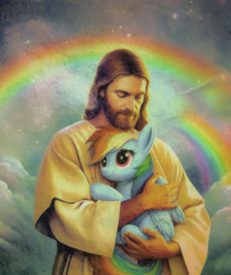 Size: 4200x5000 | Tagged: source needed, safe, ai content, derpibooru import, machine learning assisted, machine learning generated, rainbow dash, human, pegasus, pony, g4, christianity, cute, dashabetes, duo, female, holding a pony, hug, human and pony, human male, jesus christ, male, mare, painting, rainbow, religion, renaissance