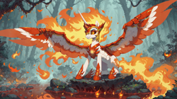 Size: 5472x3072 | Tagged: safe, ai content, derpibooru import, machine learning assisted, machine learning generated, daybreaker, alicorn, pony, armor, female, fire, forest, forest background, high res, horn guard (armor), mare, nature, prompter:oranzinispegasiukas, sitting, solo, spread wings, this will end in fire, tree, wings