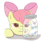 Size: 170x164 | Tagged: safe, artist:kleyime, derpibooru import, apple bloom, earth pony, parasprite, pony, album cover, alice in chains, bow, jar, jar of flies, picture for breezies, ponified, ponified album cover, simple background, solo, species swap, white background