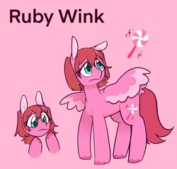 Size: 1547x1487 | Tagged: safe, artist:melodymelanchol, derpibooru import, oc, oc only, oc:ruby wink, pegasus, pony, colored wings, female, love live!, love live! sunshine!!, mare, pink background, ponified, ruby kurosawa, simple background, solo, species swap, sweat, unshorn fetlocks, wings