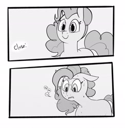 Size: 2002x2048 | Tagged: safe, artist:melodymelanchol, derpibooru import, pinkie pie, earth pony, pony, comic:rotten harmony, black and white, comic, dialogue, female, grayscale, mare, monochrome, screentone, solo, speech bubble, sweat, sweating profusely