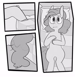 Size: 2002x2048 | Tagged: safe, artist:melodymelanchol, derpibooru import, pinkie pie, earth pony, pony, comic:rotten harmony, bed, black and white, comic, female, grayscale, lying down, mare, monochrome, screentone, solo
