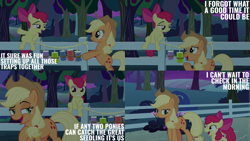 Size: 2000x1125 | Tagged: safe, derpibooru import, edit, edited screencap, editor:quoterific, screencap, apple bloom, applejack, earth pony, pony, g4, going to seed, apple, apple tree, fence, night, trap (device), tree