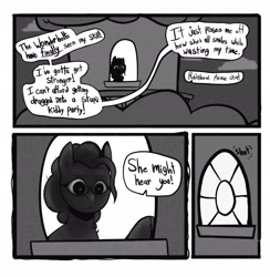 Size: 2002x2048 | Tagged: safe, artist:melodymelanchol, derpibooru import, pinkie pie, earth pony, pony, comic:rotten harmony, black and white, comic, dialogue, female, grayscale, implied fluttershy, implied rainbow dash, implied rarity, mare, monochrome, solo, speech bubble