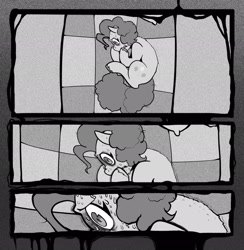 Size: 2002x2048 | Tagged: safe, artist:melodymelanchol, derpibooru import, pinkie pie, earth pony, pony, comic:rotten harmony, black and white, comic, curled up, female, grayscale, lying down, mare, monochrome, solo, sweat, sweating profusely