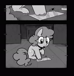 Size: 2002x2048 | Tagged: safe, artist:melodymelanchol, derpibooru import, pinkie pie, earth pony, pony, comic:rotten harmony, black and white, comic, drawing, female, filly, filly pinkie pie, foal, grayscale, monochrome, solo, younger