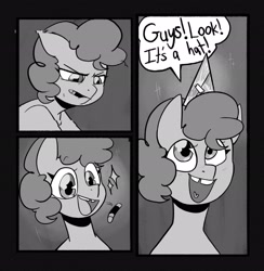 Size: 2002x2048 | Tagged: safe, artist:melodymelanchol, derpibooru import, pinkie pie, earth pony, pony, comic:rotten harmony, black and white, comic, dialogue, female, filly, filly pinkie pie, foal, grayscale, hat, marker, monochrome, party hat, solo, speech bubble, younger