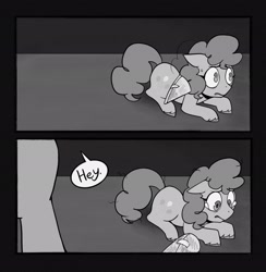 Size: 2002x2048 | Tagged: safe, artist:melodymelanchol, derpibooru import, pinkie pie, earth pony, pony, comic:rotten harmony, black and white, comic, crying, dialogue, female, filly, filly pinkie pie, foal, grayscale, hat, lying down, monochrome, party hat, prone, scared, speech bubble, teary eyes, unshorn fetlocks, younger