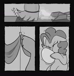 Size: 2002x2048 | Tagged: safe, artist:melodymelanchol, derpibooru import, pinkie pie, earth pony, pony, comic:rotten harmony, balloon, belly, black and white, blowing up balloons, broom, comic, dustpan, female, grayscale, inflating, mare, monochrome, unshorn fetlocks