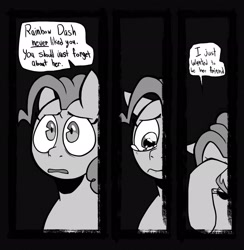 Size: 2002x2048 | Tagged: safe, artist:melodymelanchol, derpibooru import, pinkie pie, earth pony, pony, comic:rotten harmony, black and white, comic, crying, dialogue, female, grayscale, mare, monochrome, solo, speech bubble, unshorn fetlocks