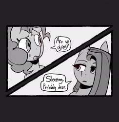 Size: 2002x2048 | Tagged: safe, artist:melodymelanchol, derpibooru import, pinkie pie, earth pony, pony, comic:rotten harmony, black and white, comic, dialogue, female, grayscale, mare, monochrome, pinkamena diane pie, speech bubble